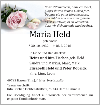 Traueranzeige von Maria Held von Neue Osnabrücker Zeitung GmbH & Co. KG