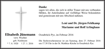 Traueranzeige von Elisabeth Jünemann von Neue Osnabrücker Zeitung GmbH & Co. KG