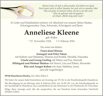 Traueranzeige von Anneliese Kleene von Neue Osnabrücker Zeitung GmbH & Co. KG