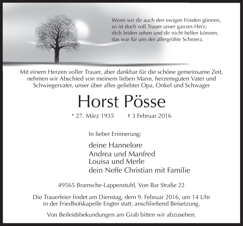  Traueranzeige für Horst Pösse vom 06.02.2016 aus Neue Osnabrücker Zeitung GmbH & Co. KG