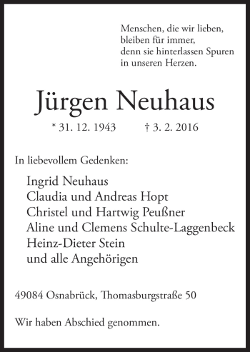 Traueranzeige von Jürgen Neuhaus von Neue Osnabrücker Zeitung GmbH & Co. KG