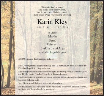 Traueranzeige von Karin Kley von Neue Osnabrücker Zeitung GmbH & Co. KG