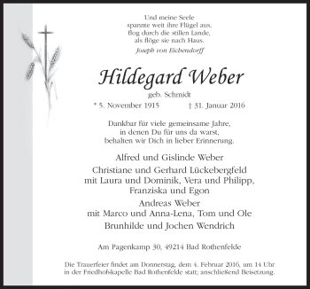 Traueranzeige von Hildegard Weber von Neue Osnabrücker Zeitung GmbH & Co. KG