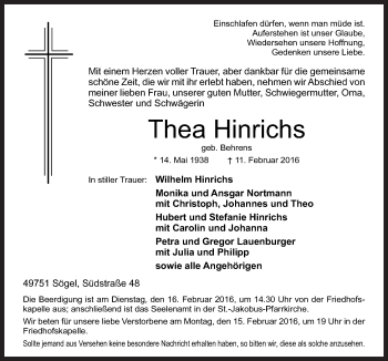 Traueranzeige von Thea Hinrichs von Neue Osnabrücker Zeitung GmbH & Co. KG