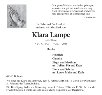 Traueranzeige von Klara Lampe von Neue Osnabrücker Zeitung GmbH & Co. KG