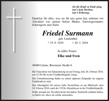 Traueranzeige von Friedel Surmann von Neue Osnabrücker Zeitung GmbH & Co. KG