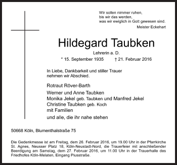 Traueranzeige von Hildegard Taubken von Neue Osnabrücker Zeitung GmbH & Co. KG