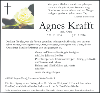 Traueranzeige von Agnes Krafft von Neue Osnabrücker Zeitung GmbH & Co. KG