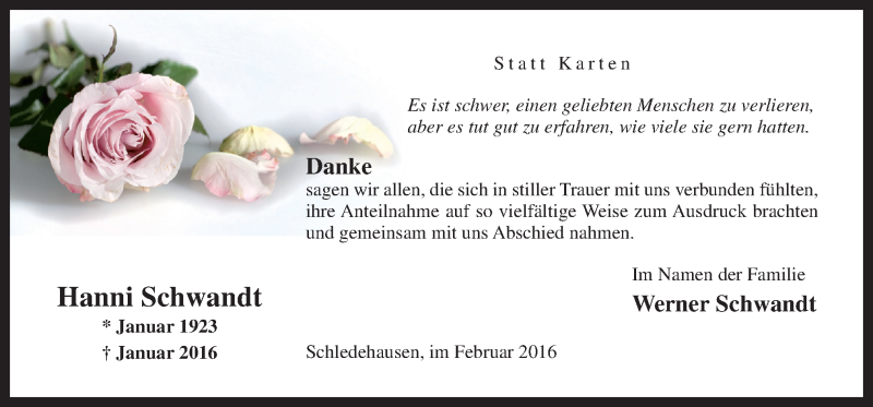  Traueranzeige für Hanni Schwandt vom 27.02.2016 aus Neue Osnabrücker Zeitung GmbH & Co. KG