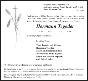 Traueranzeige von Hermann Tegeder von Neue Osnabrücker Zeitung GmbH & Co. KG