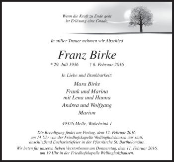 Traueranzeige von Franz Birke von Neue Osnabrücker Zeitung GmbH & Co. KG