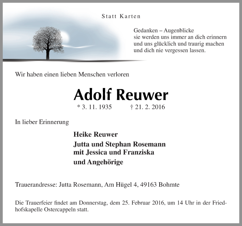  Traueranzeige für Adolf Reuwer vom 23.02.2016 aus Neue Osnabrücker Zeitung GmbH & Co. KG