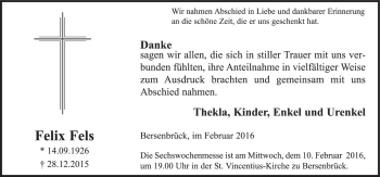 Traueranzeige von Felix Fels von Neue Osnabrücker Zeitung GmbH & Co. KG