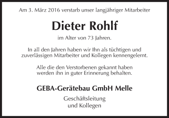 Traueranzeige von Dieter Rohlf von Neue Osnabrücker Zeitung GmbH & Co. KG