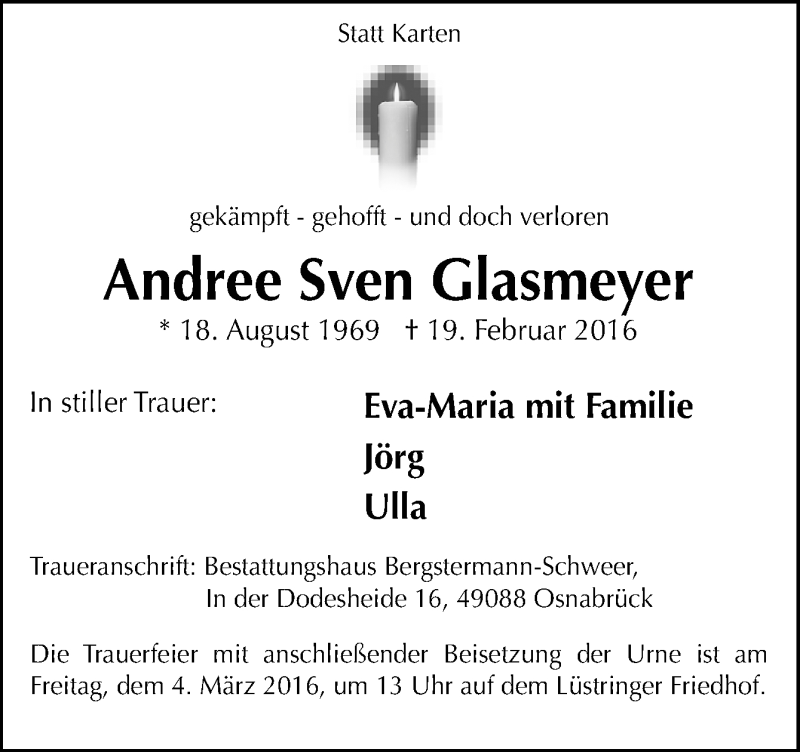  Traueranzeige für Andree Sven Glasmeyer vom 27.02.2016 aus Neue Osnabrücker Zeitung GmbH & Co. KG