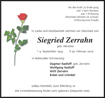 Traueranzeige von Siegried Zerrahn von Neue Osnabrücker Zeitung GmbH & Co. KG