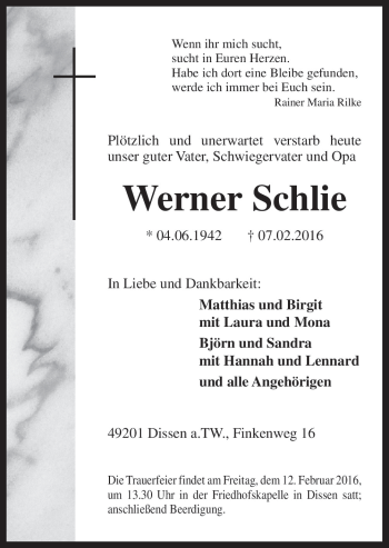 Traueranzeige von Werner Schlie von Neue Osnabrücker Zeitung GmbH & Co. KG
