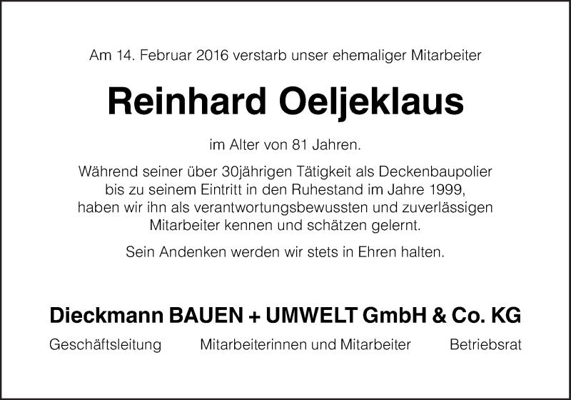  Traueranzeige für Reinhard Oeljeklaus vom 27.02.2016 aus Neue Osnabrücker Zeitung GmbH & Co. KG