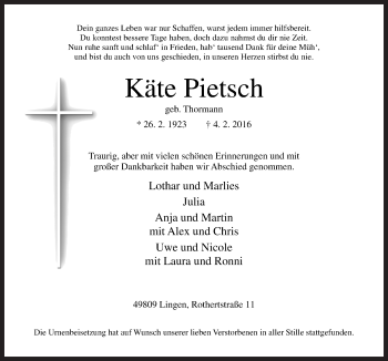 Traueranzeige von Käte Pietsch von Neue Osnabrücker Zeitung GmbH & Co. KG