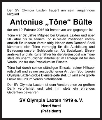 Traueranzeige von Antonius Bülte von Neue Osnabrücker Zeitung GmbH & Co. KG