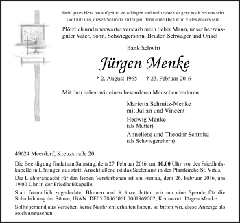 Traueranzeige von Jürgen Menke von Neue Osnabrücker Zeitung GmbH & Co. KG