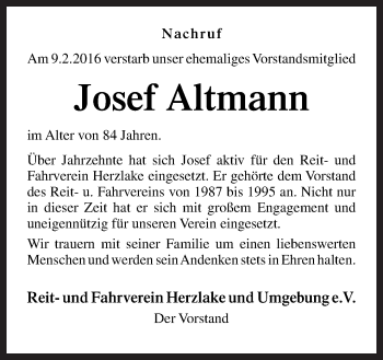 Traueranzeige von Josef Altmann von Neue Osnabrücker Zeitung GmbH & Co. KG