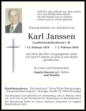 Traueranzeige von Karl Janssen von Neue Osnabrücker Zeitung GmbH & Co. KG