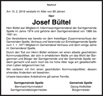 Traueranzeige von Josef Bültel von Neue Osnabrücker Zeitung GmbH & Co. KG