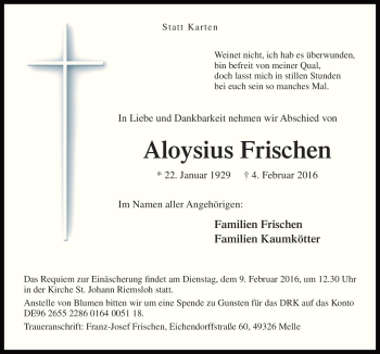 Traueranzeige von Aloysius Frischen von Neue Osnabrücker Zeitung GmbH & Co. KG