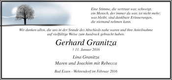 Traueranzeige von Gerhard Granitza von Neue Osnabrücker Zeitung GmbH & Co. KG