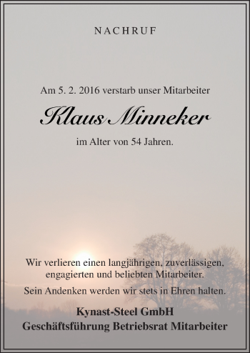 Traueranzeige von Klaus Minneker von Neue Osnabrücker Zeitung GmbH & Co. KG