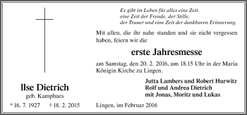 Traueranzeige von Ilse Dietrich von Neue Osnabrücker Zeitung GmbH & Co. KG