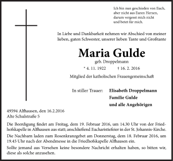 Traueranzeige von Maria Gulde von Neue Osnabrücker Zeitung GmbH & Co. KG