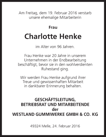 Traueranzeige von Charlotte Henke von Neue Osnabrücker Zeitung GmbH & Co. KG