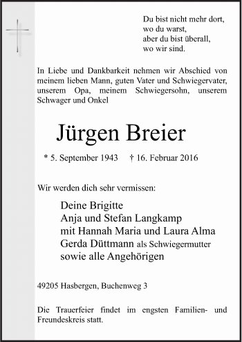 Traueranzeige von Jürgen Breier von Neue Osnabrücker Zeitung GmbH & Co. KG