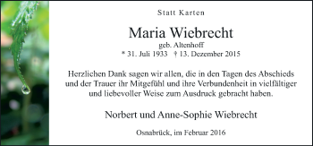 Traueranzeige von Maria Wiebrecht von Neue Osnabrücker Zeitung GmbH & Co. KG