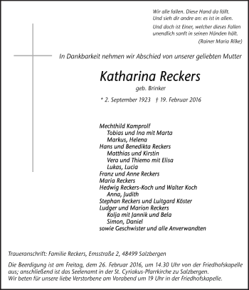 Traueranzeige von Katharina Reckers von Neue Osnabrücker Zeitung GmbH & Co. KG