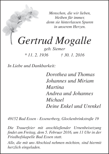 Traueranzeige von Gertrud Mogalle von Neue Osnabrücker Zeitung GmbH & Co. KG