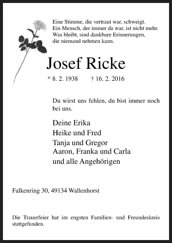 Traueranzeige von Josef Ricke von Neue Osnabrücker Zeitung GmbH & Co. KG