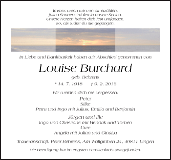 Traueranzeige von Louise Burchard von Neue Osnabrücker Zeitung GmbH & Co. KG