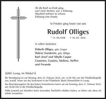 Traueranzeige von Rudolf Olliges von Neue Osnabrücker Zeitung GmbH & Co. KG