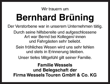 Traueranzeige von Bernhard Brüning von Neue Osnabrücker Zeitung GmbH & Co. KG