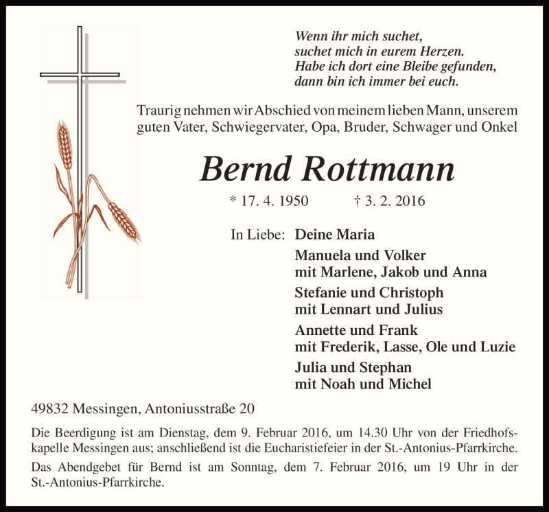  Traueranzeige für Bernd Rottmann vom 05.02.2016 aus Neue Osnabrücker Zeitung GmbH & Co. KG