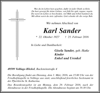 Traueranzeige von Karl Sander von Neue Osnabrücker Zeitung GmbH & Co. KG