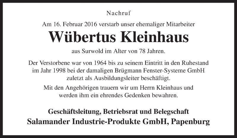  Traueranzeige für Wübertus Kleinhaus vom 20.02.2016 aus Neue Osnabrücker Zeitung GmbH & Co. KG