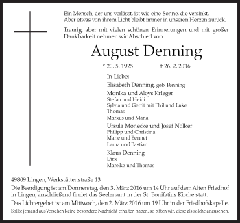 Traueranzeige von August Denning von Neue Osnabrücker Zeitung GmbH & Co. KG