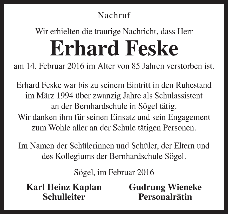  Traueranzeige für Erhard Feske vom 20.02.2016 aus Neue Osnabrücker Zeitung GmbH & Co. KG