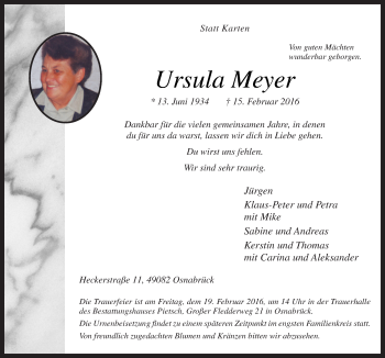 Traueranzeige von Ursula Meyer von Neue Osnabrücker Zeitung GmbH & Co. KG