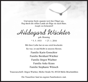 Traueranzeige von Hildegard Wächter von Neue Osnabrücker Zeitung GmbH & Co. KG