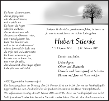 Traueranzeige von Hubert Stienke von Neue Osnabrücker Zeitung GmbH & Co. KG